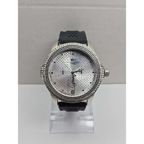 Techno King 51mm Iced Out Crystal Bezel Dial Black Strap Quartz Mens New Battery - Picture 1 of 9